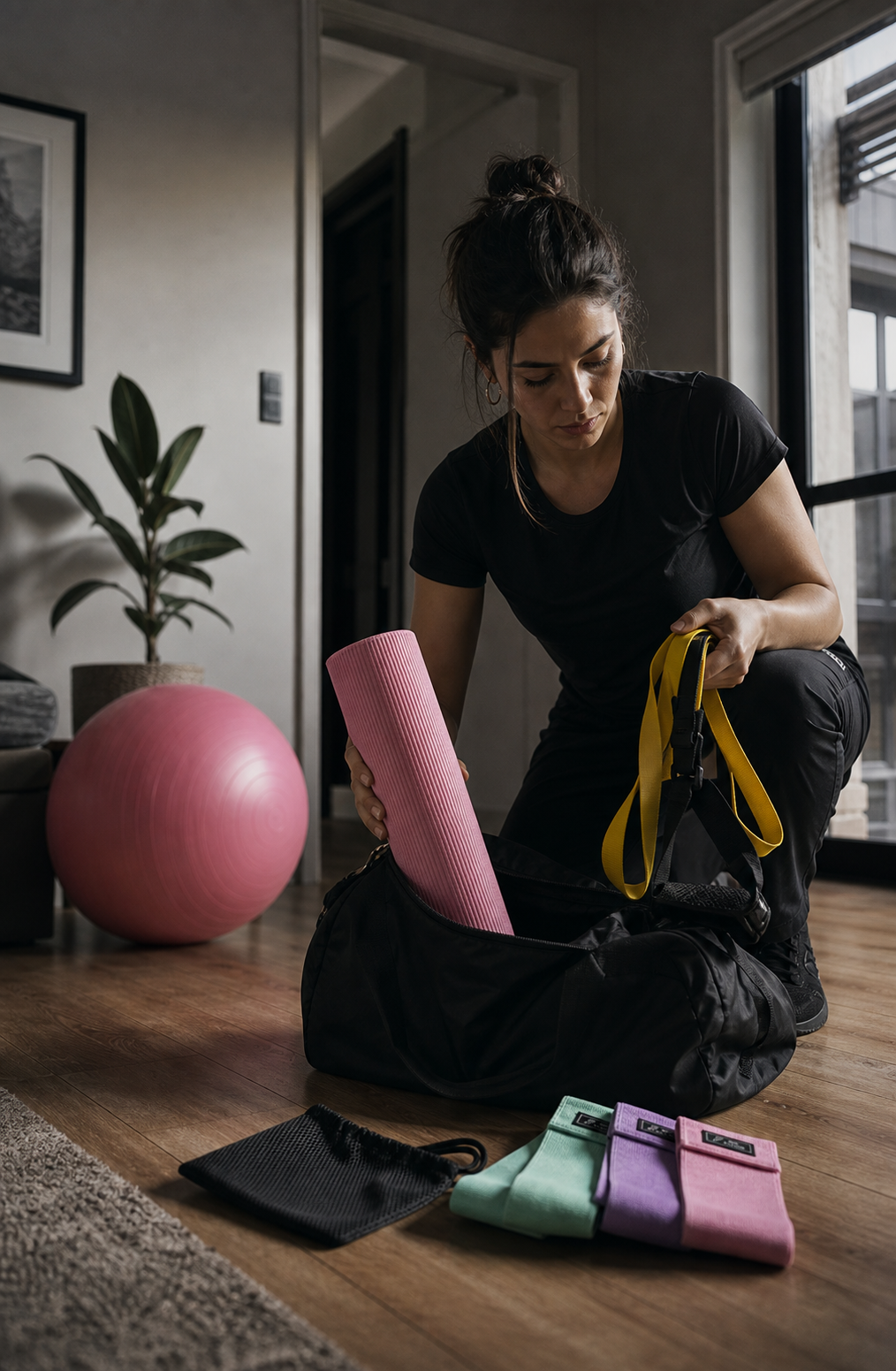 Kinesióloga preparando equipamiento para una atención a domicilio